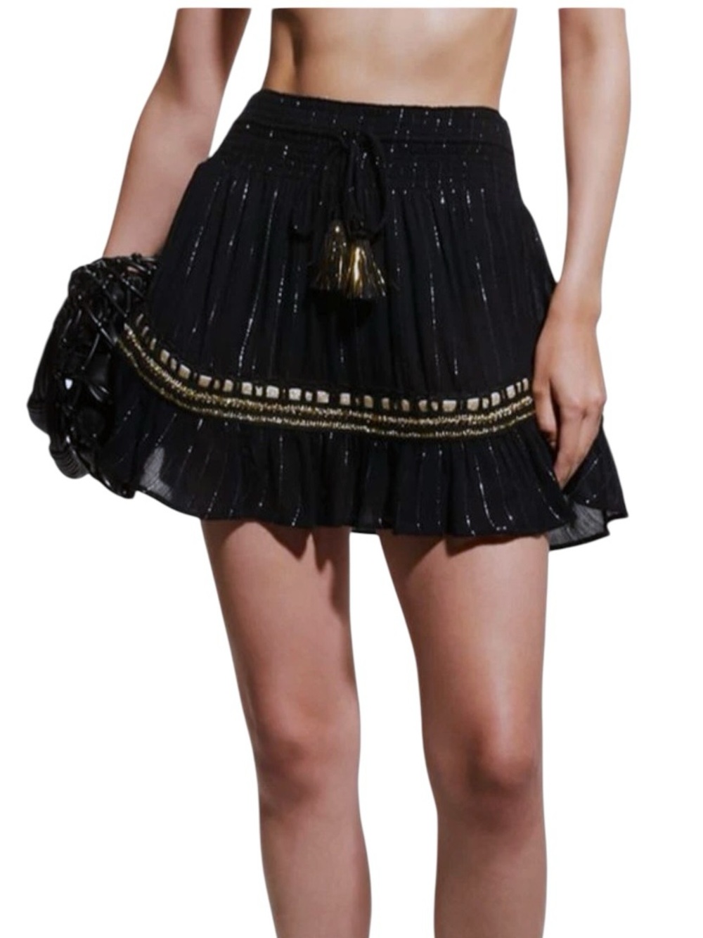 Ramy Brook Augusten Black Metallic Lurex Smocked Tassel Mini Skirt Like New